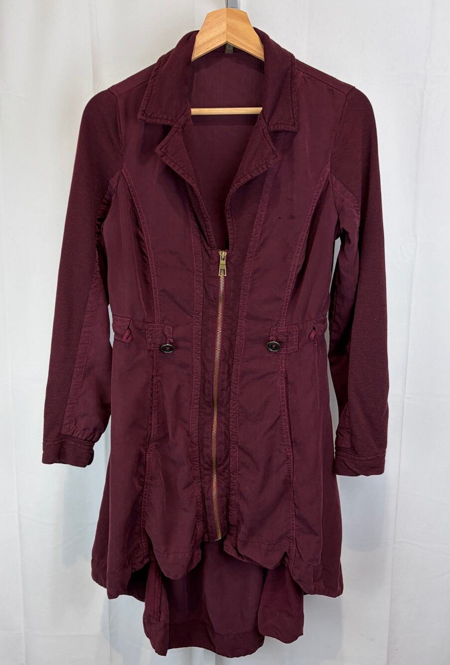 XCVI Mixed Media Full Zip Jacket Long Sleeve Hi Low Hem Wine Red Size M